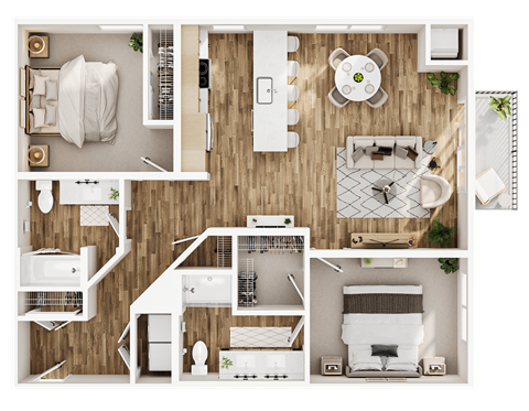 Floor plan for 2 beds, 2 baths, 1134 sqft